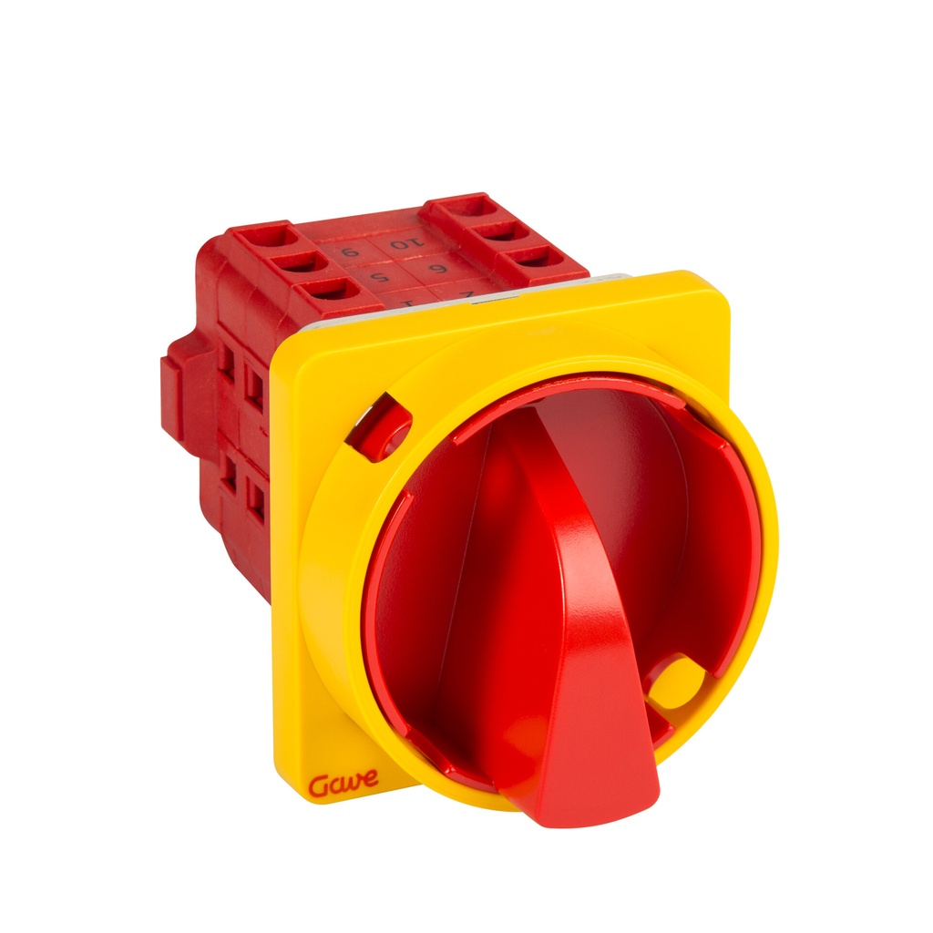 INTERRUPTOR GAVE 4P.25A.D1 BLOQUEO CANDADO ROJO/AMARILLO + AUXILIAR 1NA+1NC 12A