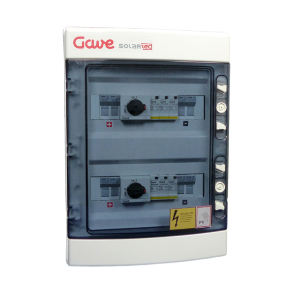 CAJA MODULAR CONEXION PV 2 STR. FUS. 15A + PROT.SOBRETENSION II+INTERRUPTOR DOS CIRCUITOS
